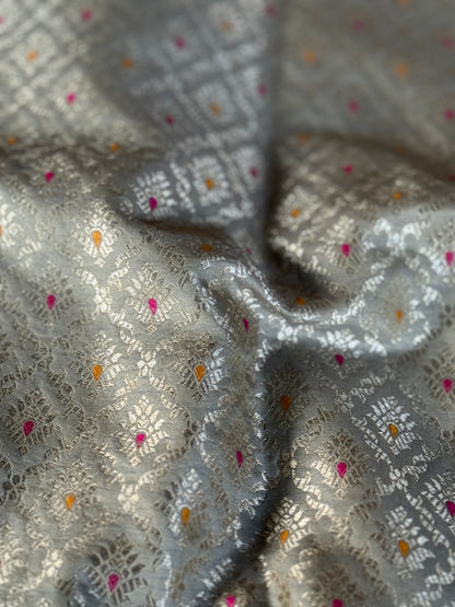 Handwoven Grey Silk Brocade Meenakari Fabric Thaan