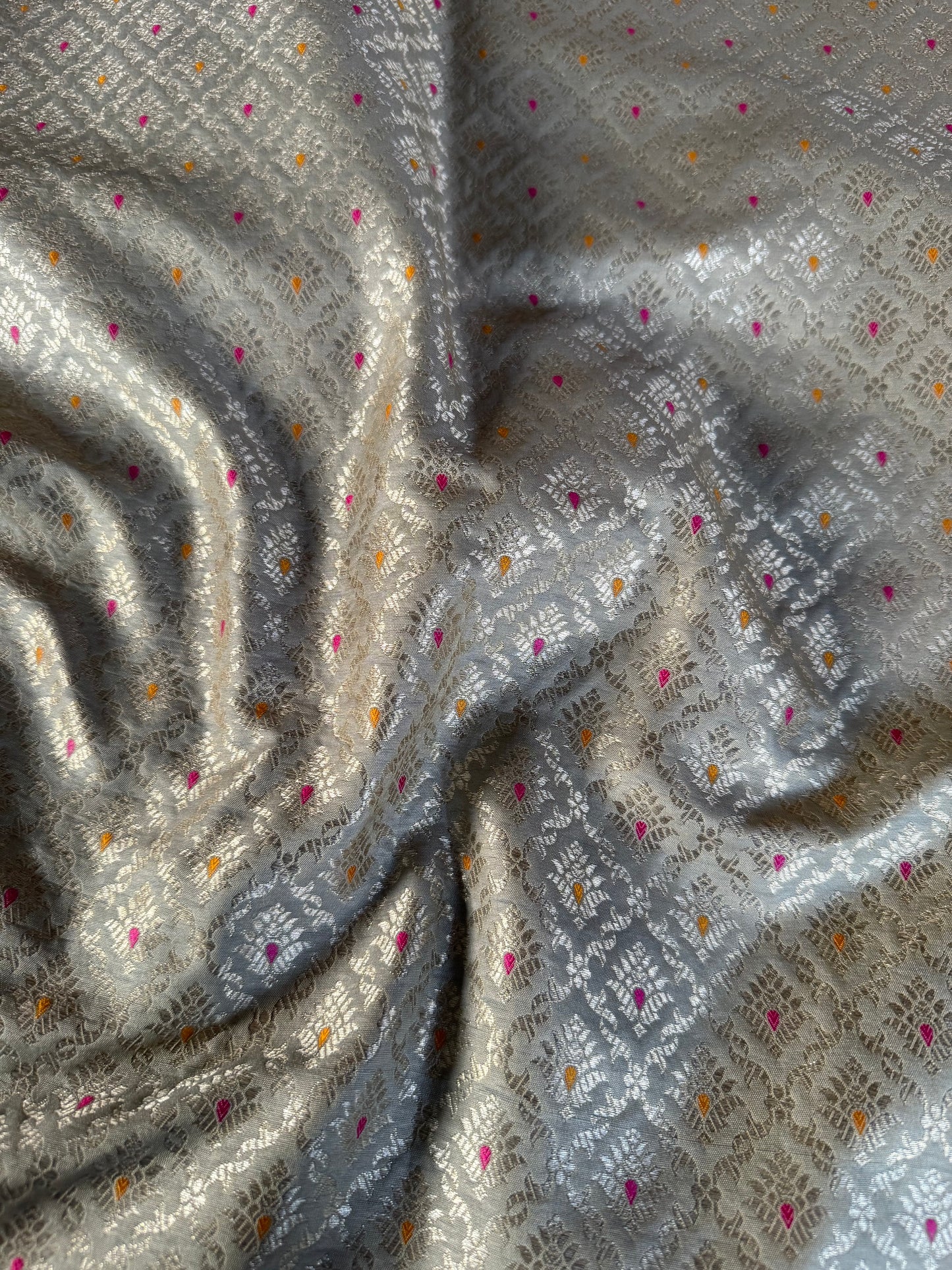 Handwoven Grey Silk Brocade Meenakari Fabric Thaan