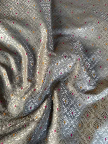 Handwoven Grey Silk Brocade Meenakari Fabric Thaan