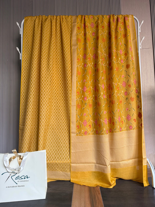 Handwoven Monga Silk Resham Work Unstitched Suit Set