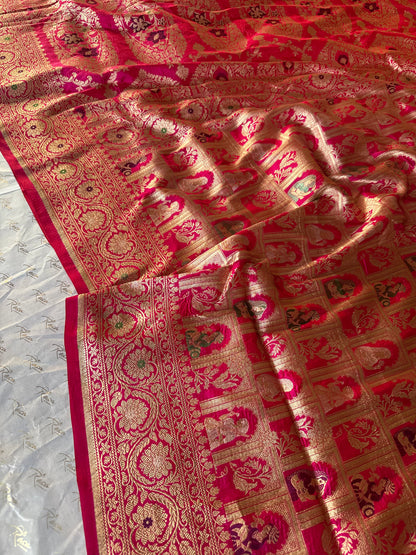 Handwoven Magenta Katan Silk Bridal Meenakari Banarasi Saree