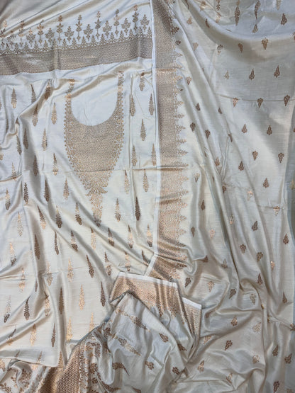 Handwoven Dyeable Copper Zari Monga Silk Suit Set