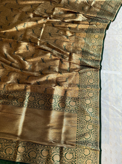 Handwoven Bottle Green Brocade Shikargah Banarasi Saree