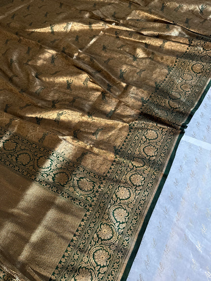 Handwoven Bottle Green Brocade Shikargah Banarasi Saree