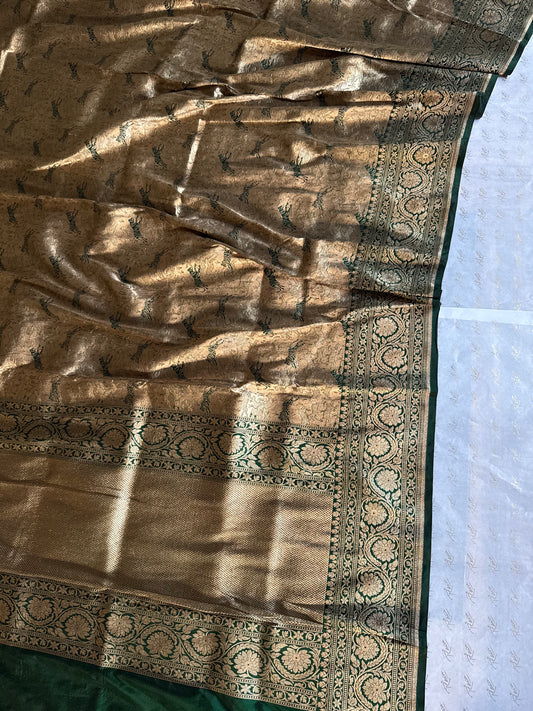 Handwoven Bottle Green Brocade Shikargah Banarasi Saree