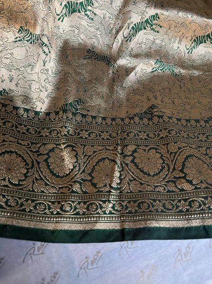 Handwoven Bottle Green Brocade Shikargah Banarasi Saree