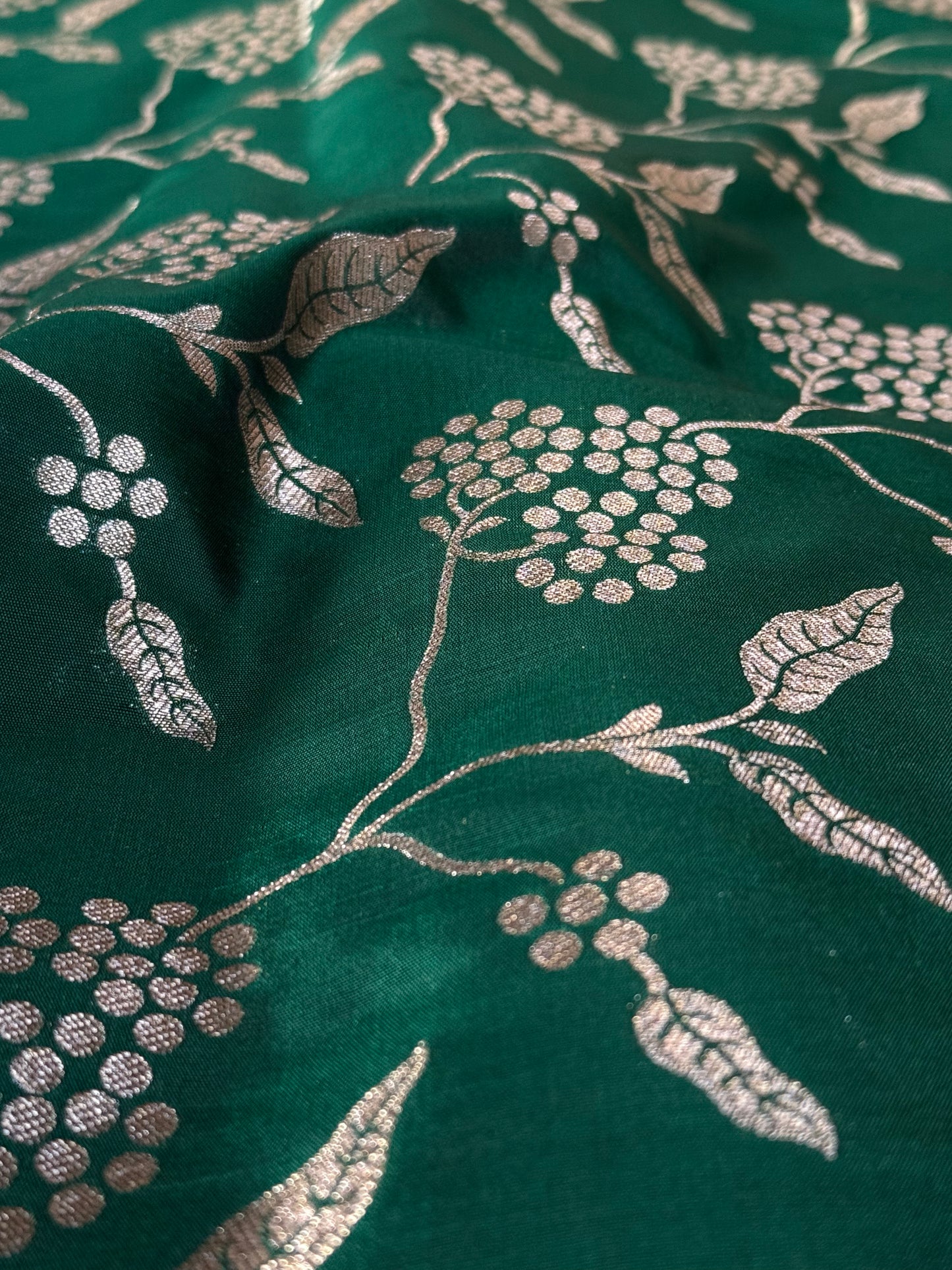 Handwoven Bottle Green Silk Jaal Fabric Thaan