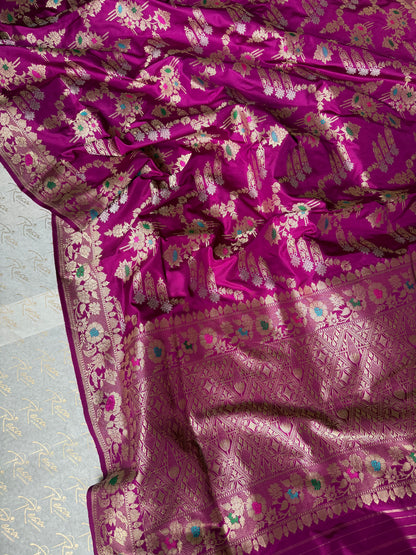 Handwoven Magenta Katan Silk Kadhwa Meenakari Banarasi Saree: