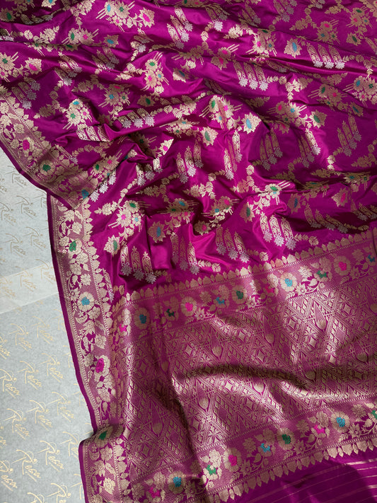 Handwoven Magenta Katan Silk Kadhwa Meenakari Banarasi Saree: