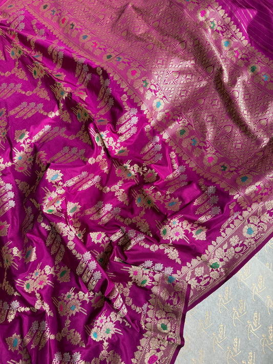 Handwoven Magenta Katan Silk Kadhwa Meenakari Banarasi Saree: