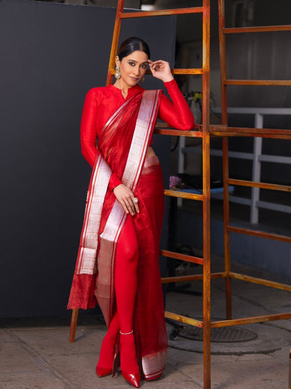 Handwoven Red Kora Tissue Banarasi Saree