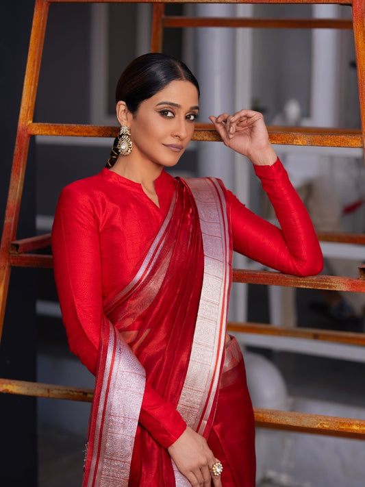 Handwoven Red Kora Tissue Banarasi Saree