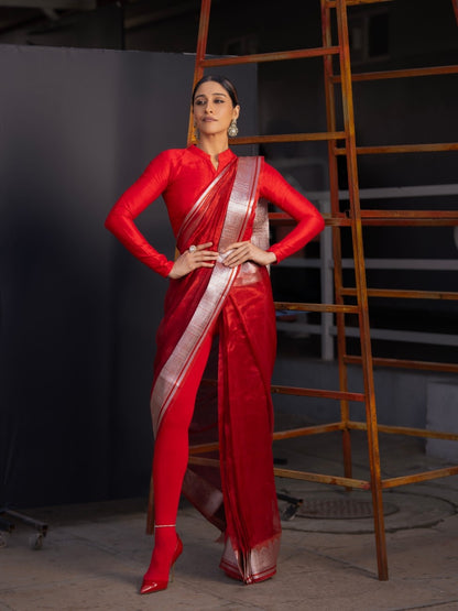 Handwoven Red Kora Tissue Banarasi Saree