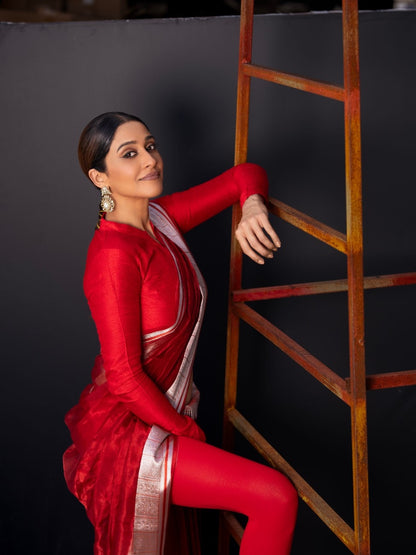 Handwoven Red Kora Tissue Banarasi Saree