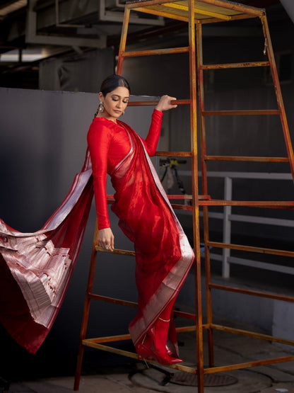 Handwoven Red Kora Tissue Banarasi Saree