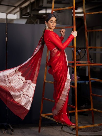 Handwoven Red Kora Tissue Banarasi Saree
