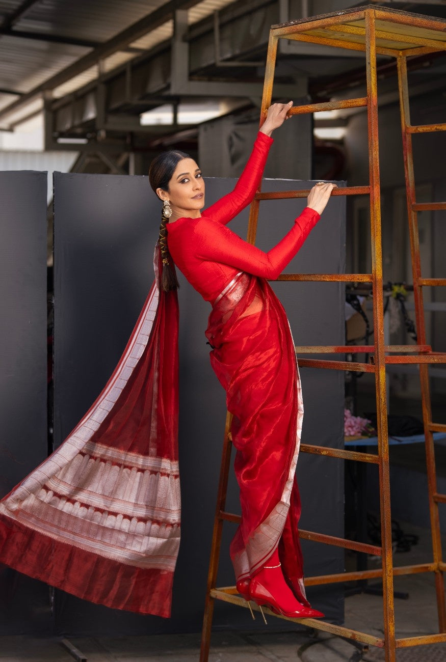 Handwoven Red Kora Tissue Banarasi Saree