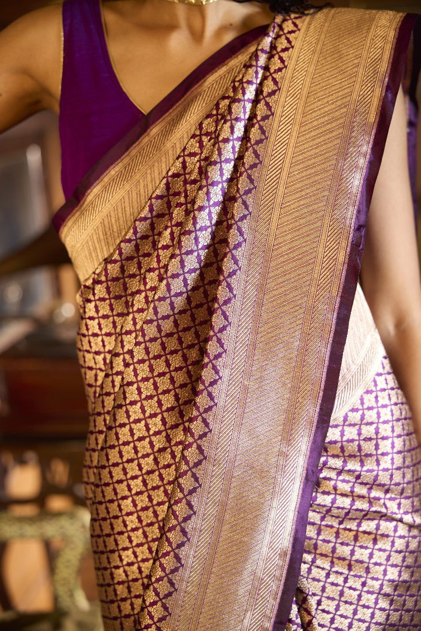 Handwoven Purple Brocade Meenakari Saree