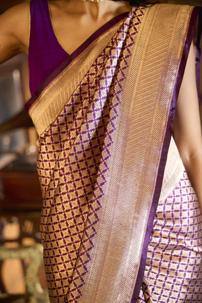 Handwoven Purple Brocade Meenakari Saree