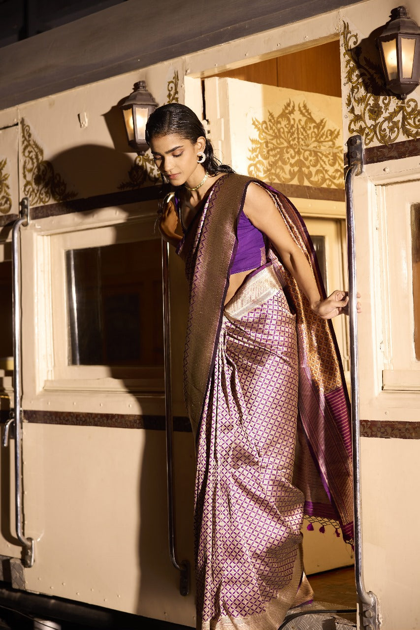 Handwoven Purple Brocade Meenakari Saree