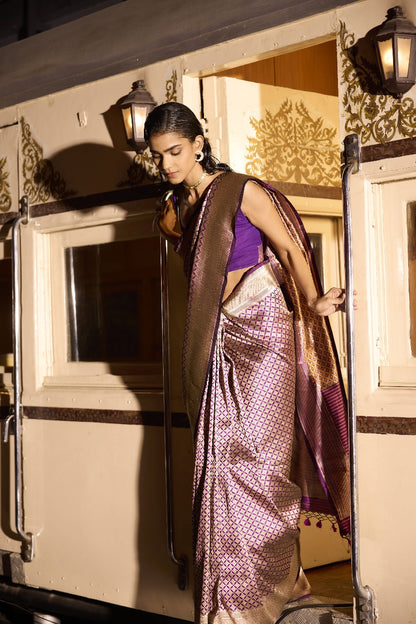 Handwoven Purple Brocade Meenakari Saree