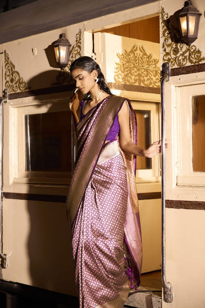 Handwoven Purple Brocade Meenakari Saree