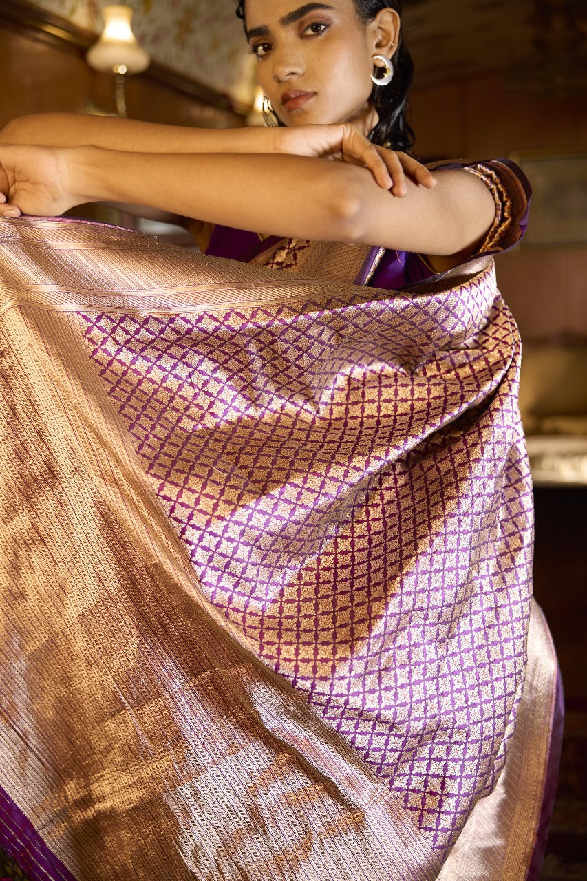Handwoven Purple Brocade Meenakari Saree