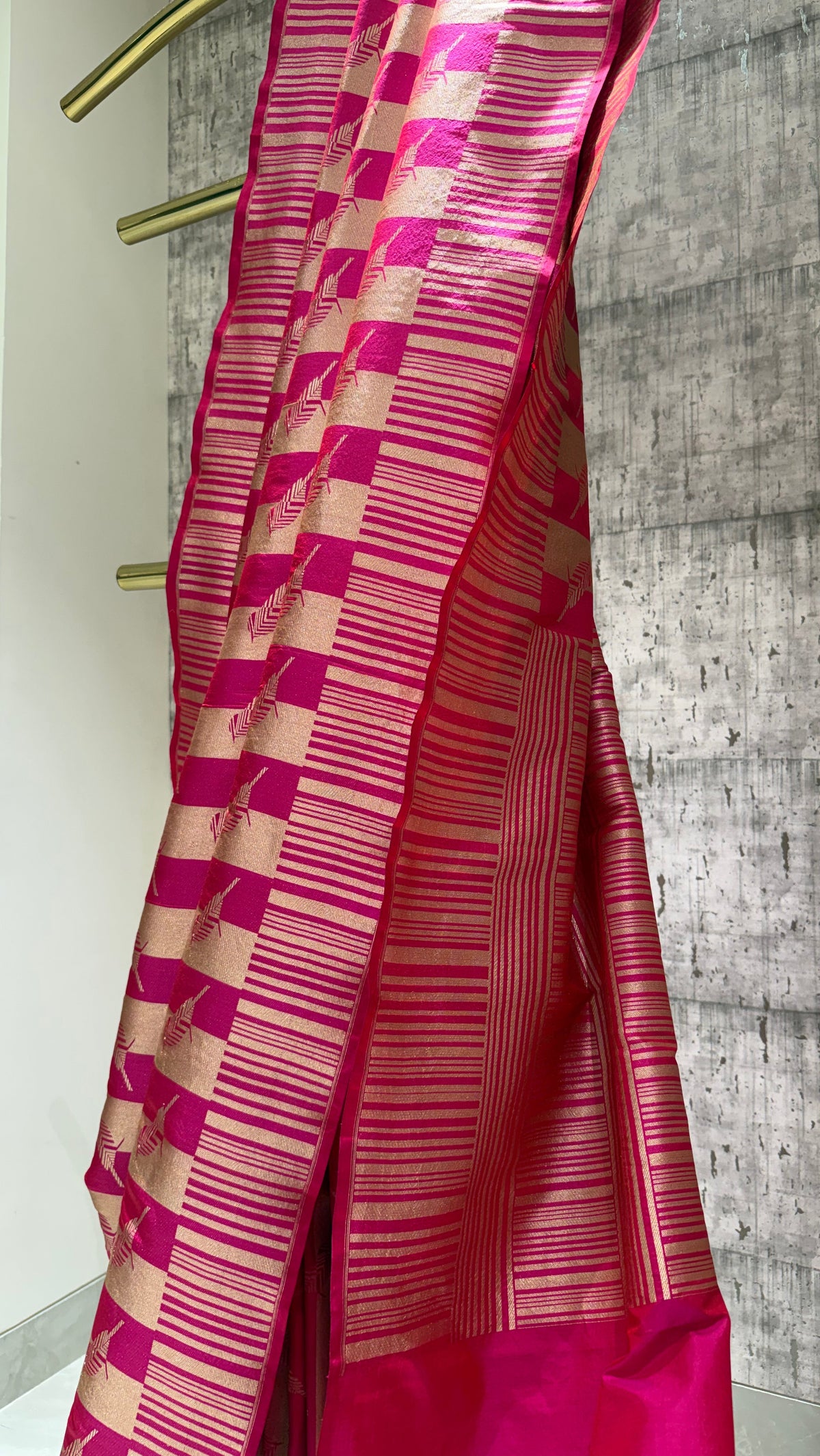 Handwoven pink striped bird banarasi saree
