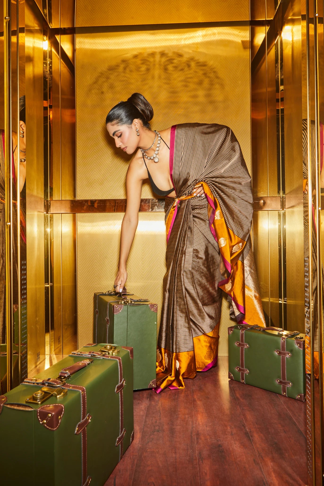 Handwoven Katan Satin Striped Silk Saree With Mustard Broad Borders And Pink Salvage