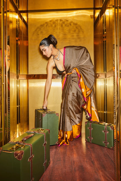 Handwoven Katan Satin Striped Silk Saree With Mustard Broad Borders And Pink Salvage