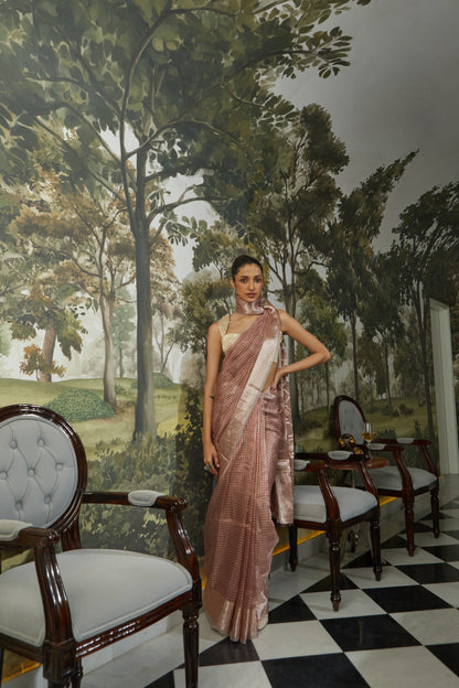 Handwoven Kora Silk/ Organza Checkered Silver Zari Banarasi Saree