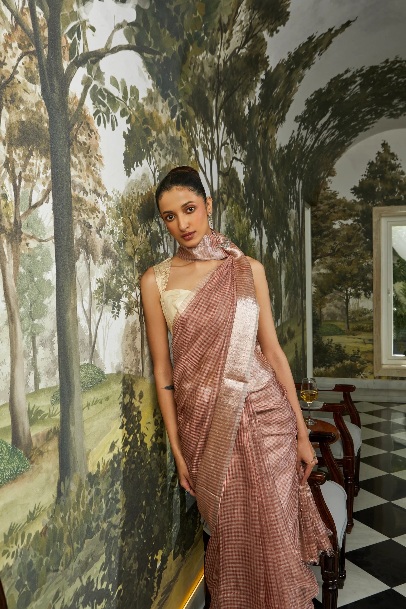 Handwoven Kora Silk/ Organza Checkered Silver Zari Banarasi Saree