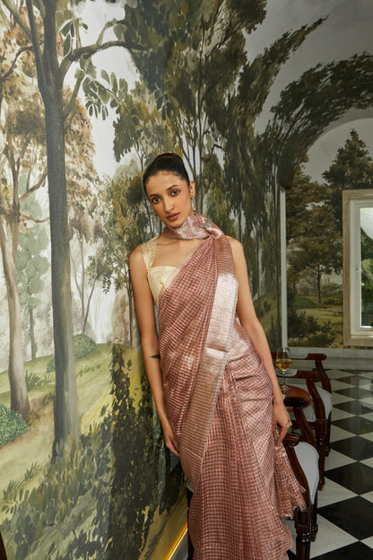 Handwoven Kora Silk/ Organza Checkered Silver Zari Banarasi Saree