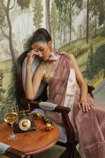 Handwoven Kora Silk/ Organza Checkered Silver Zari Banarasi Saree