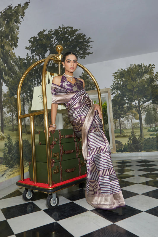 Handwoven Katan Silk Geometrical Dual Zari Motifs Saree