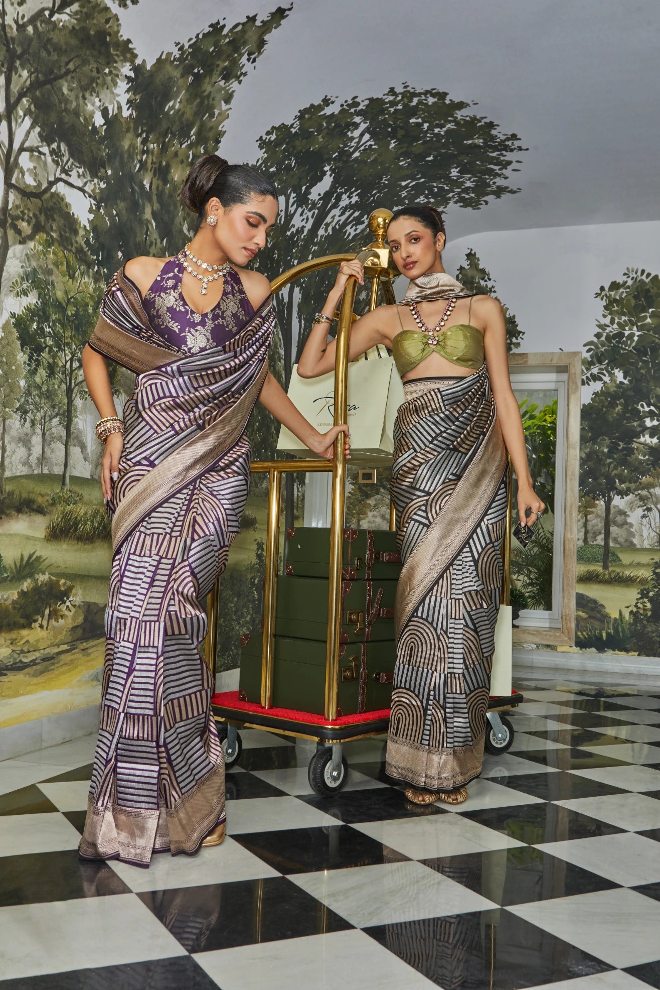 Handwoven Katan Silk Geometrical Dual Zari Motifs Saree