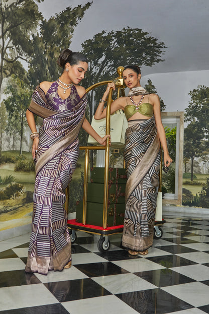 Handwoven Katan Silk Geometrical Dual Zari Motifs Saree