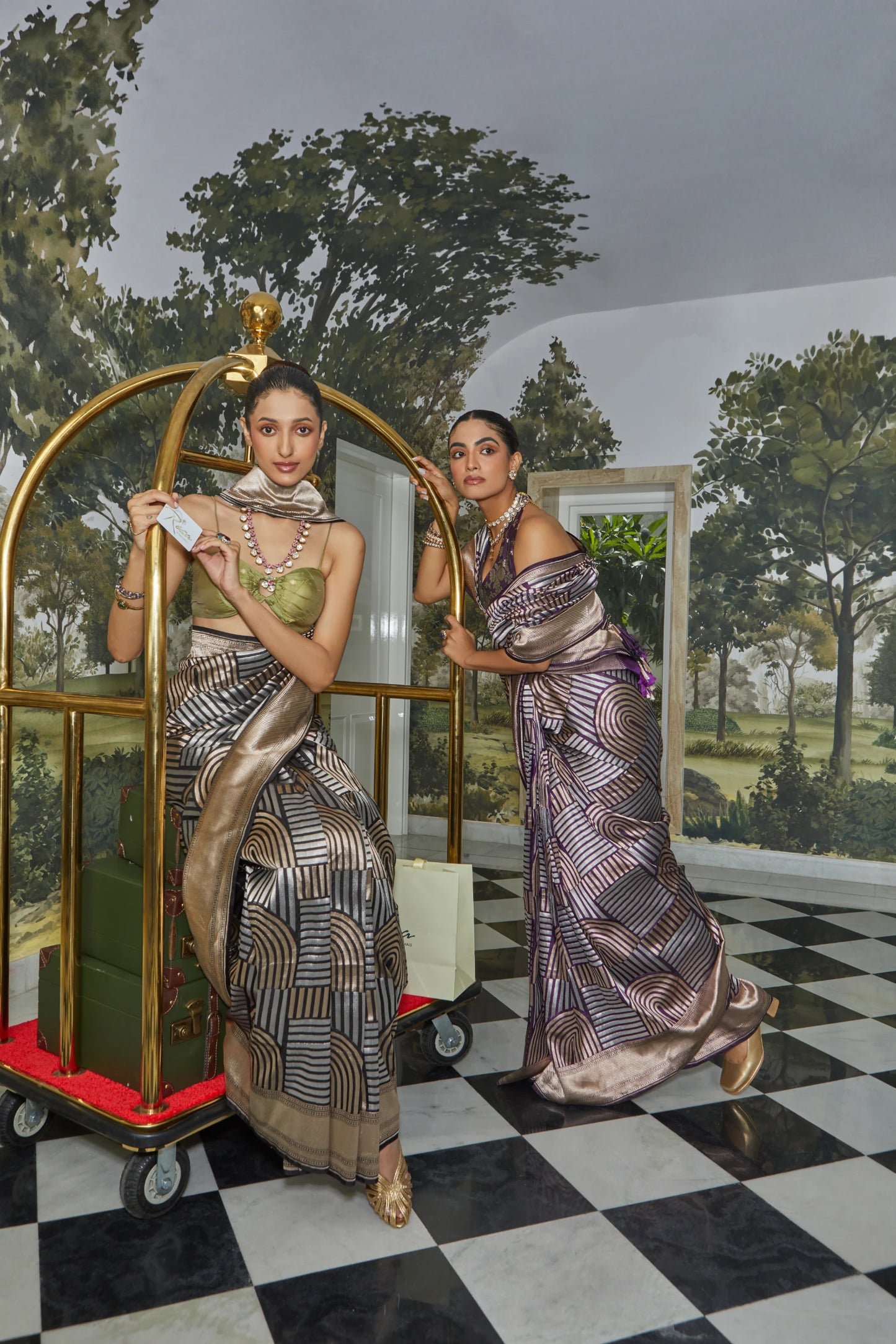 Handwoven Katan Silk Geometrical Dual Zari Motifs Saree