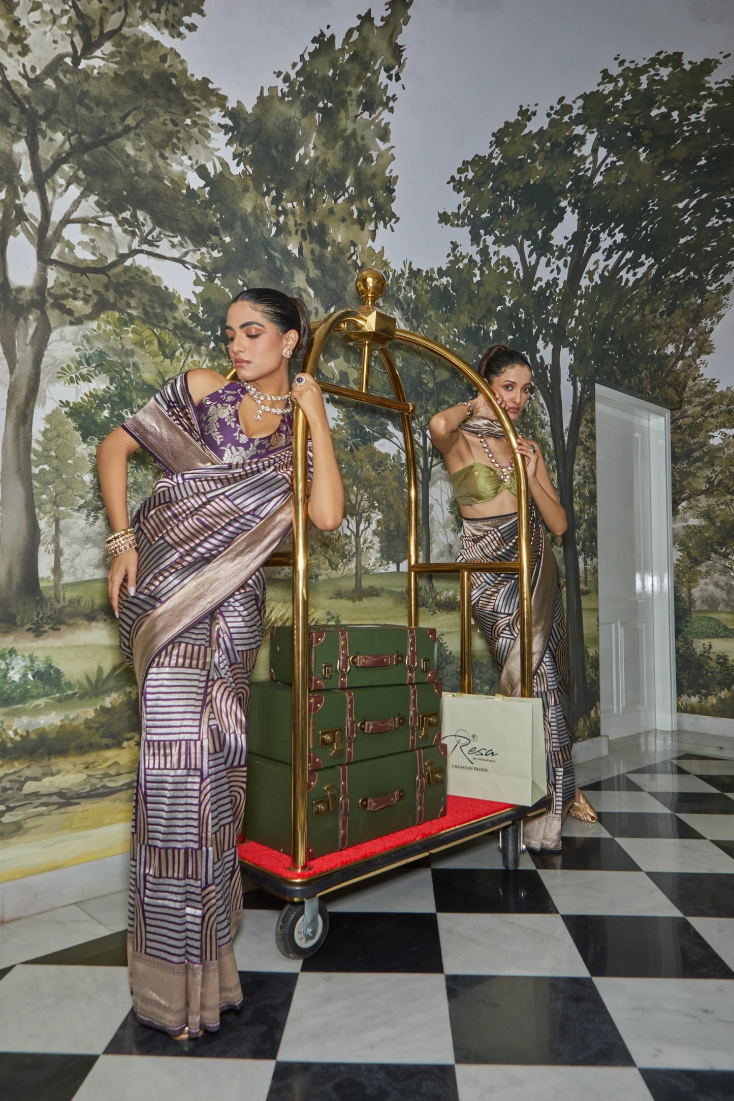 Handwoven Katan Silk Geometrical Dual Zari Motifs Saree