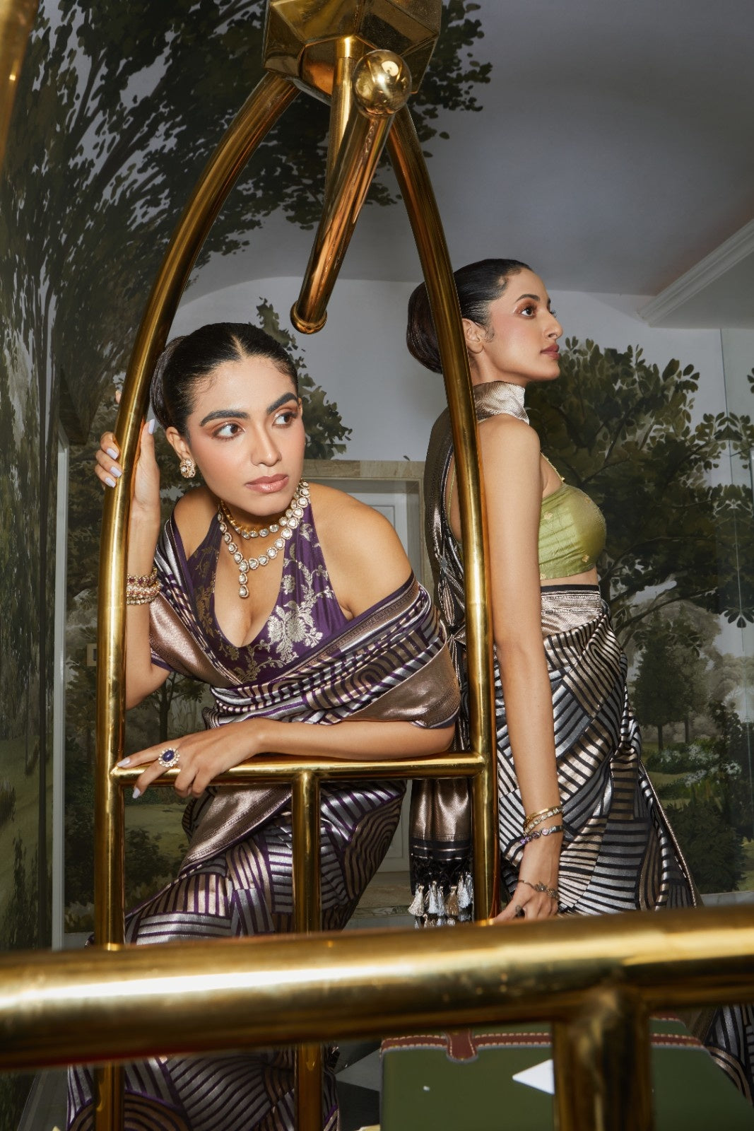 Handwoven Katan Silk Geometrical Dual Zari Motifs Saree