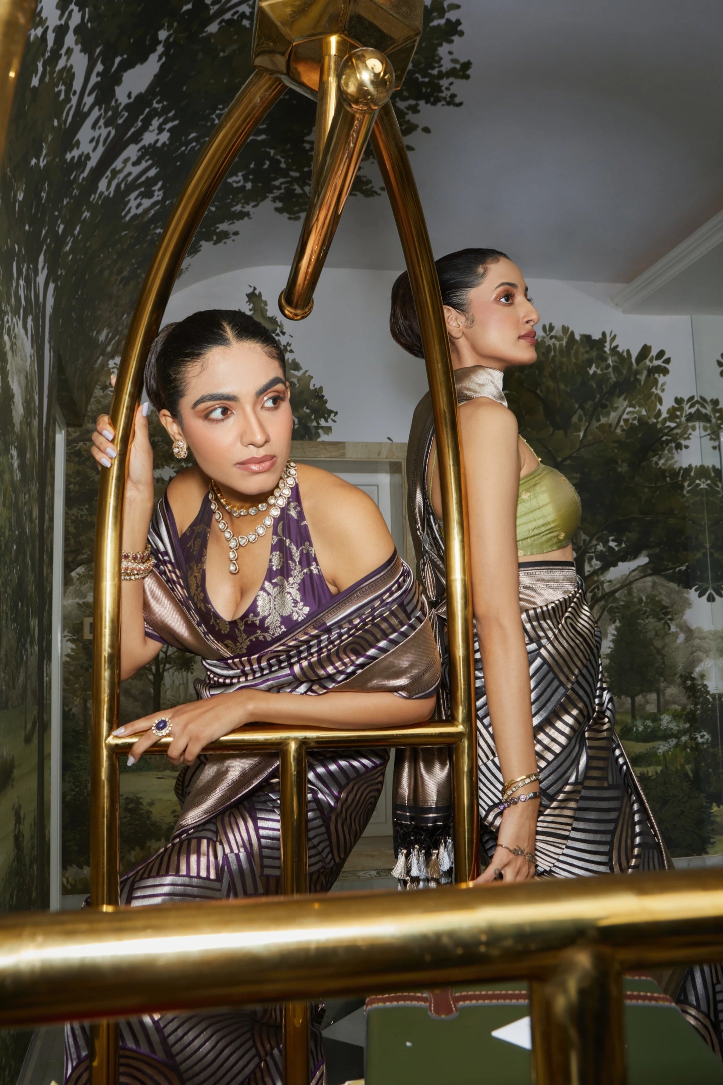 Handwoven Katan Silk Geometrical Dual Zari Motifs Saree