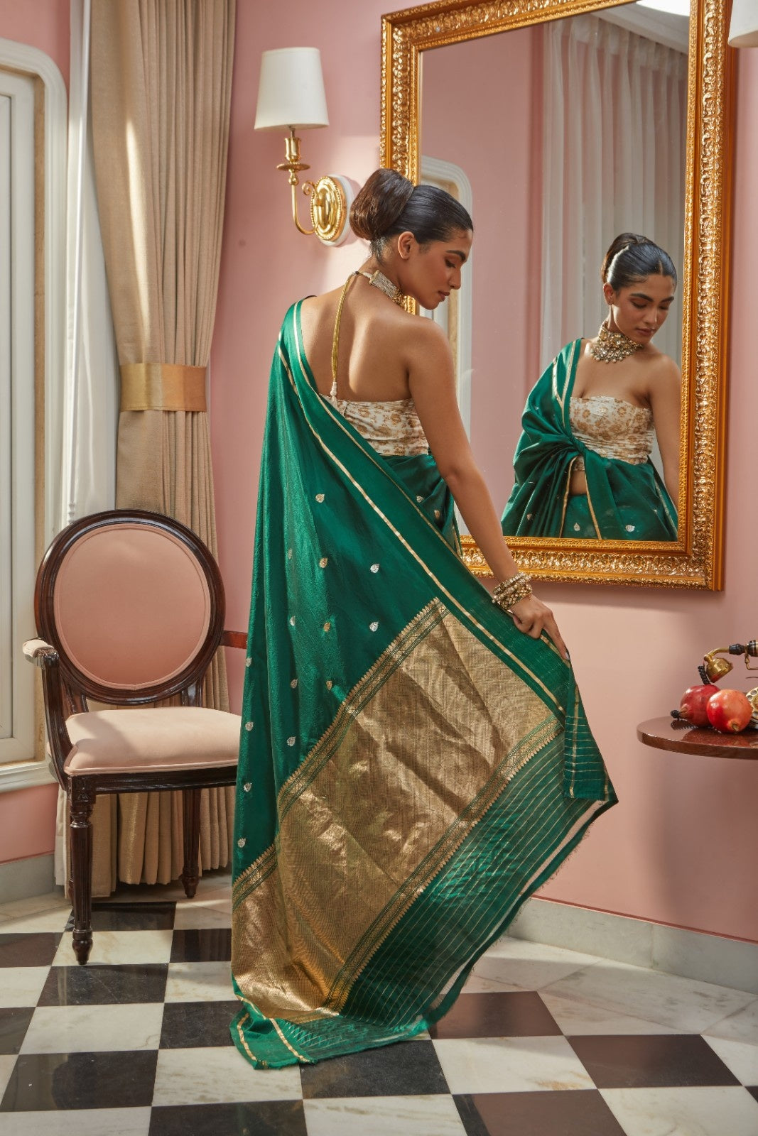 Handwoven Raw Mango Bottle Green Silk Banarasi Saree