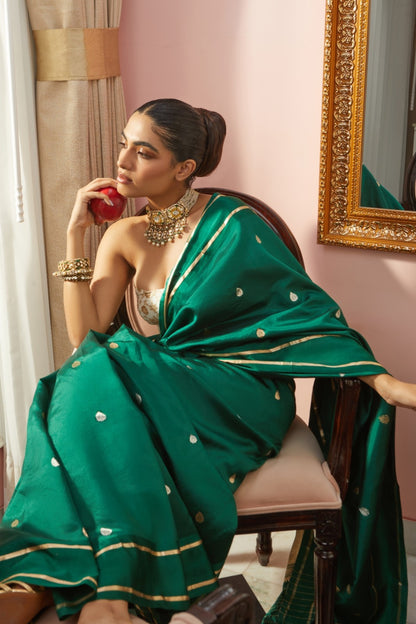 Handwoven Raw Mango Bottle Green Silk Banarasi Saree