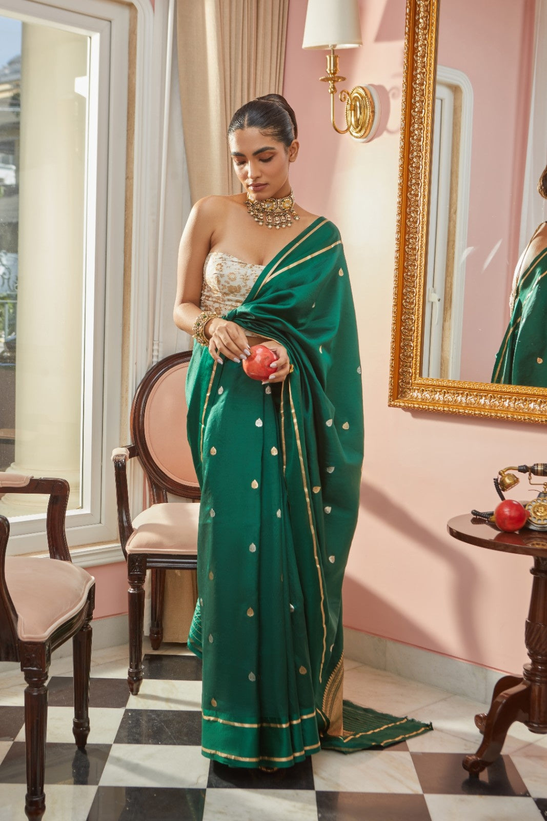 Handwoven Raw Mango Bottle Green Silk Banarasi Saree