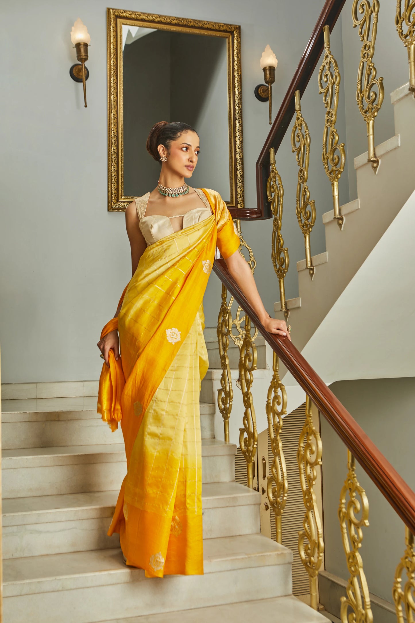 Handwoven Soft Silk Checkered Ombre Yellow Banarasi Saree