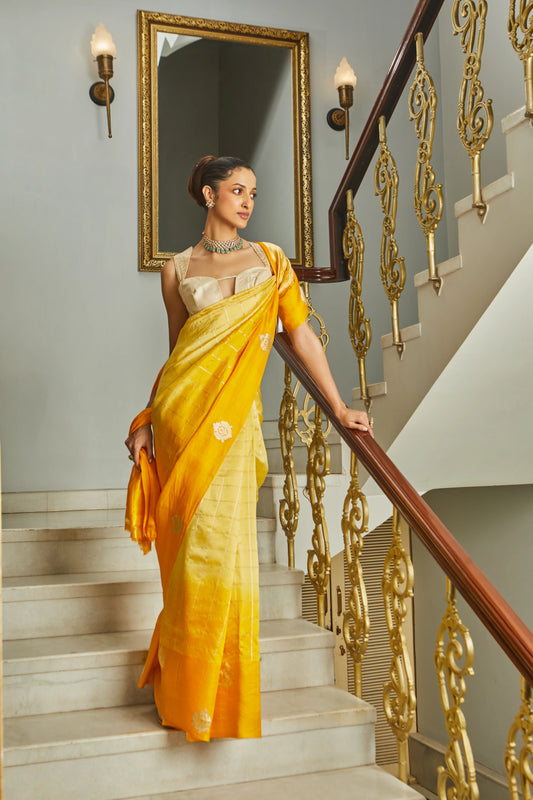 Handwoven Soft Silk Checkered Ombre Yellow Banarasi Saree