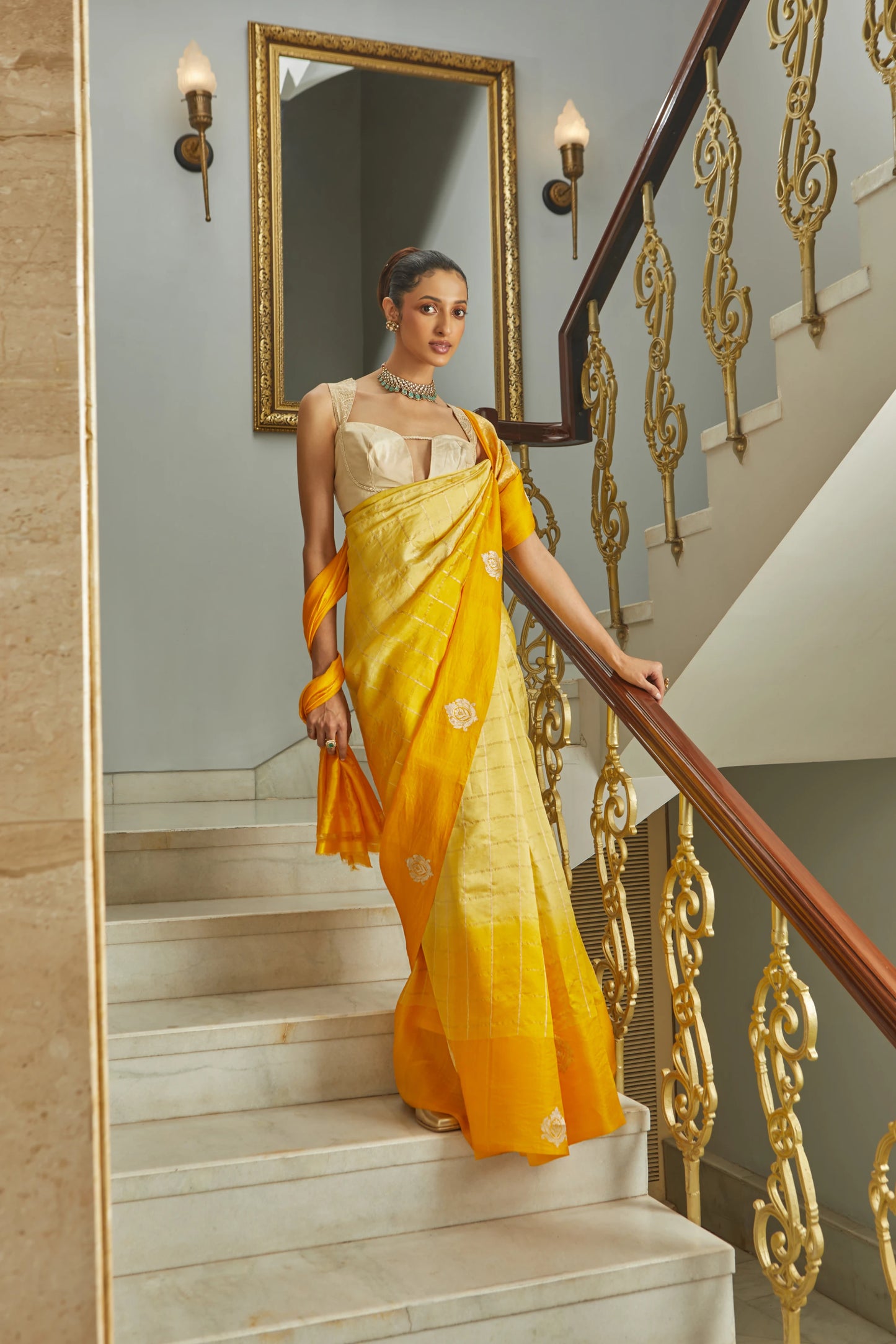Handwoven Soft Silk Checkered Ombre Yellow Banarasi Saree