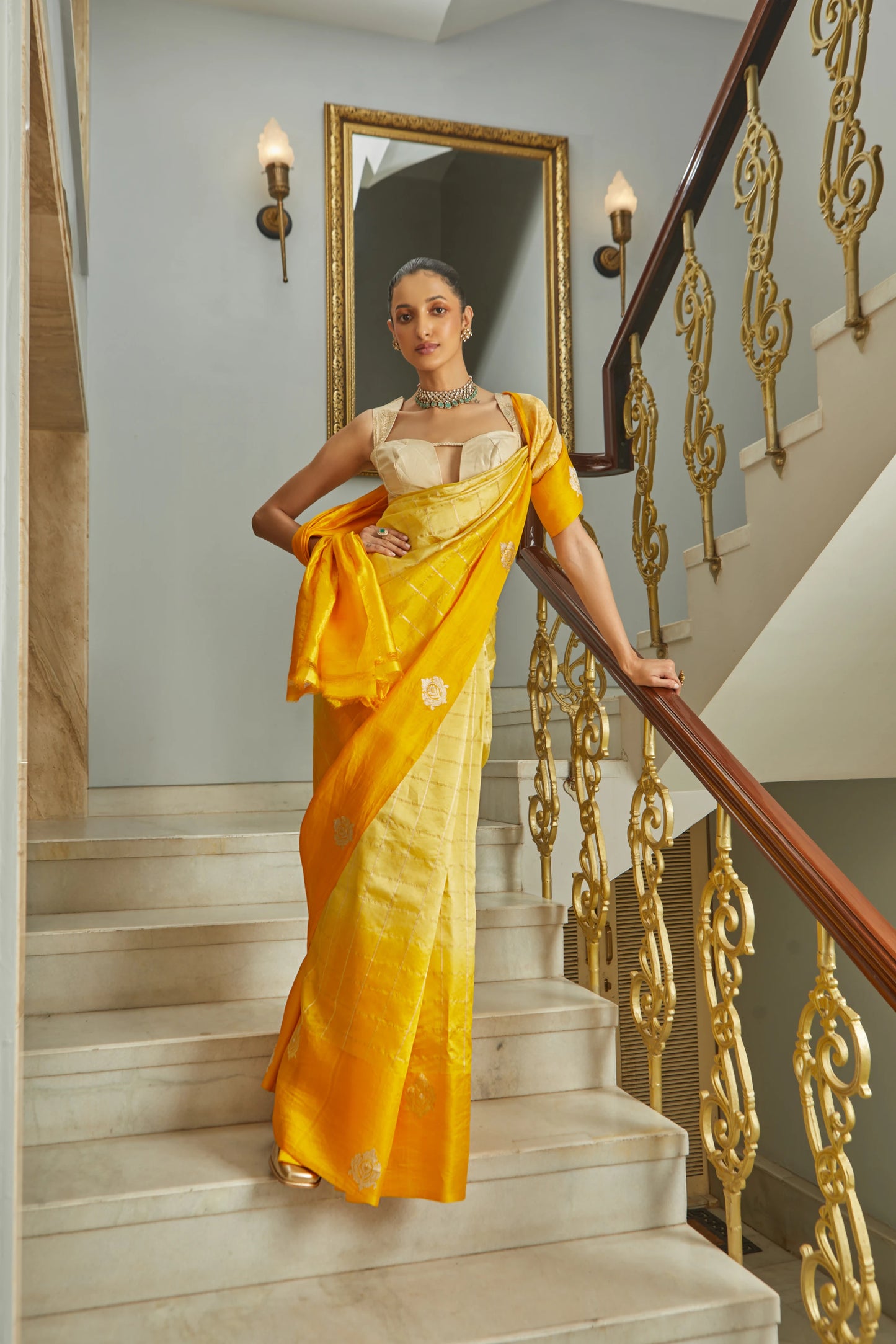 Handwoven Soft Silk Checkered Ombre Yellow Banarasi Saree