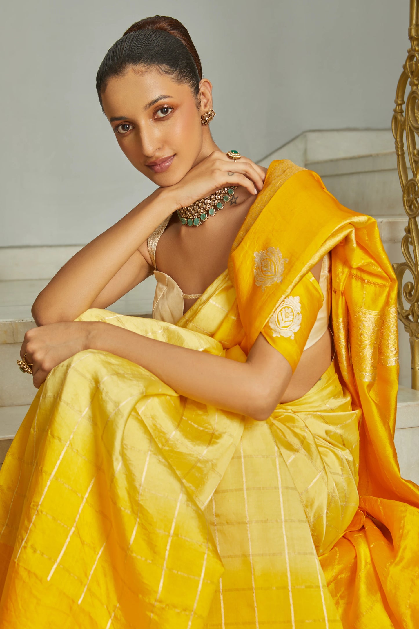 Handwoven Soft Silk Checkered Ombre Yellow Banarasi Saree