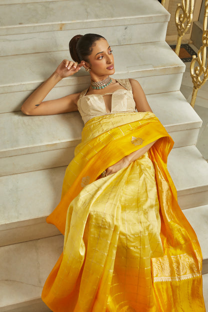 Handwoven Soft Silk Checkered Ombre Yellow Banarasi Saree